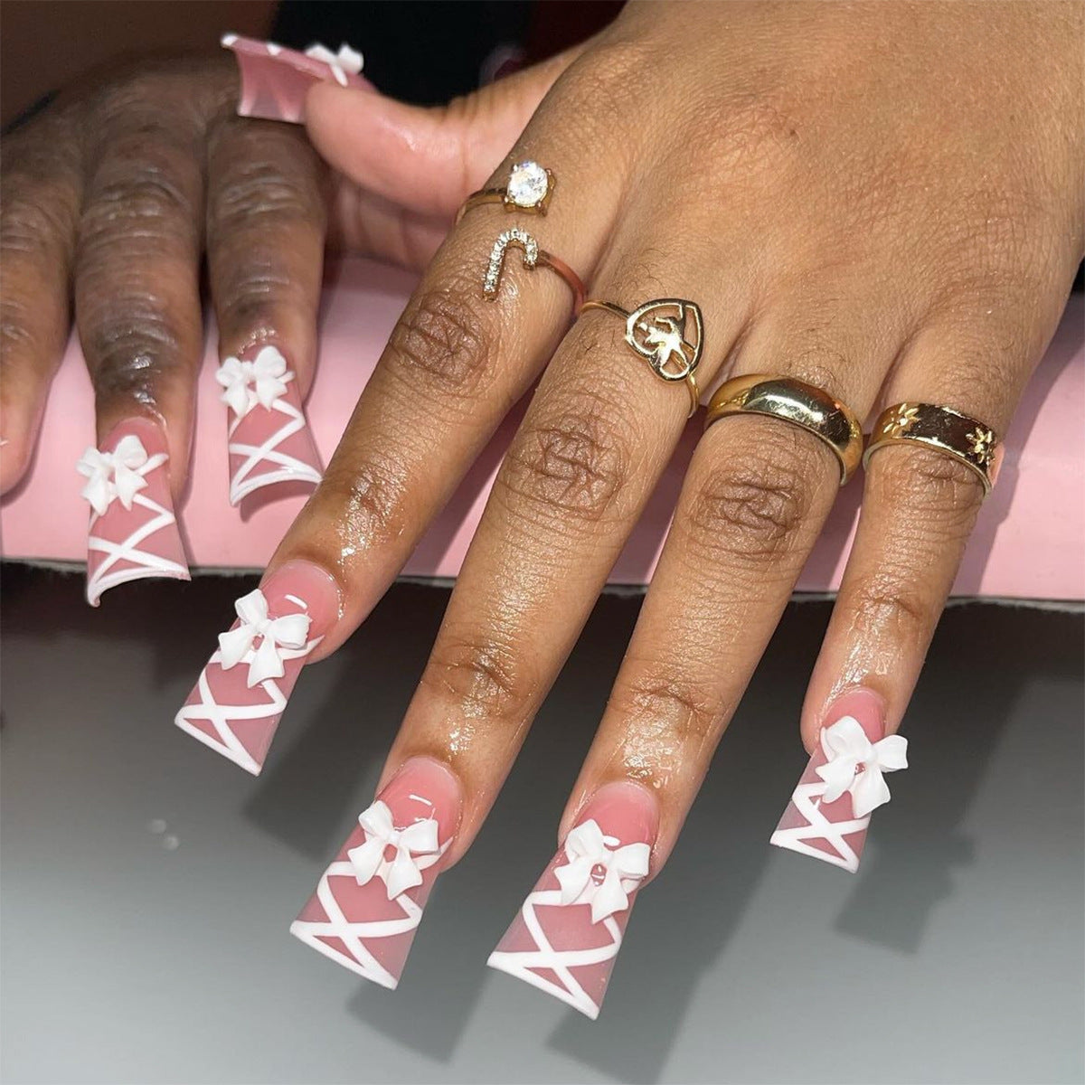Nail Art Ideas Pink French Medium Glossy Press On Nails – CurvLife